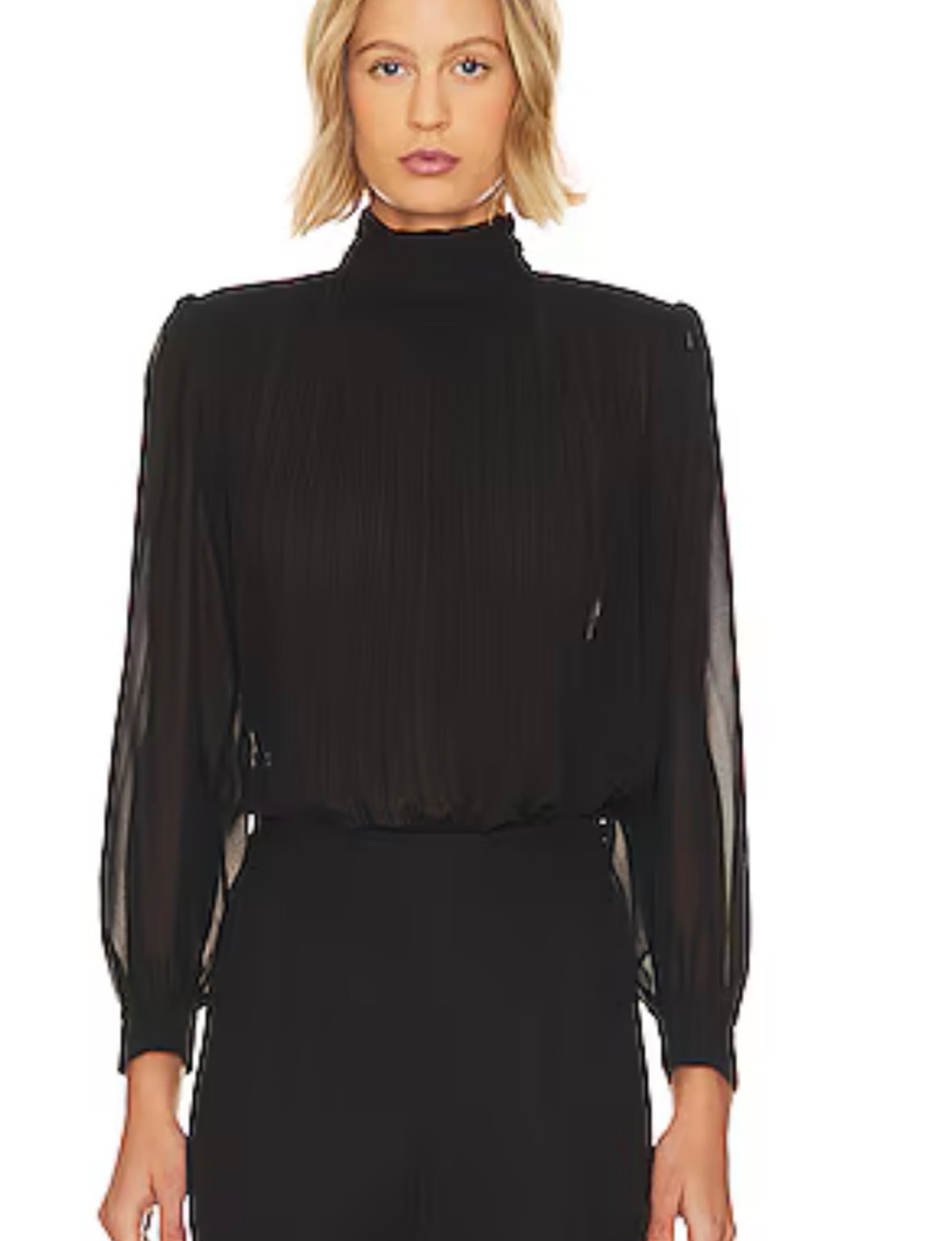 Blashe Black Accordion Pleat Mock Neck Bishop Sleeve Blouse Smocked Waist Sz Med